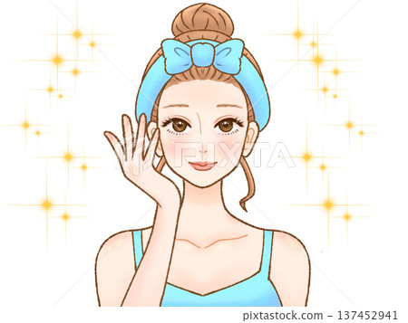 插畫素材:一位戴著髮帶的成年女性正在進行護膚 2 插畫素材:一位戴著髮帶的成年女性正在進行護膚 2 137452941