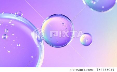 Abstract skincare background with purple serum capsules and transparent bubbles 137453035
