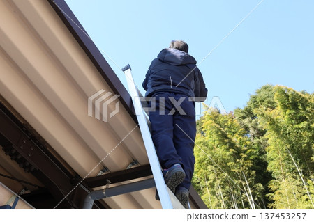 一名男子爬上梯子檢查屋頂並清理排水溝（房屋維護） 137453257