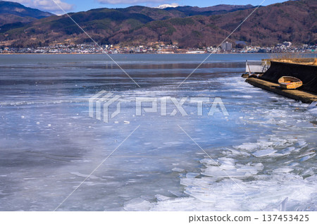 Winter scenery along Lake Suwa 137453425