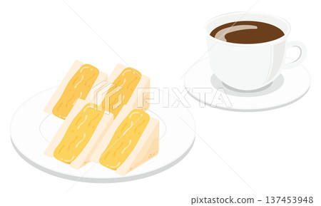 Set illustration of a thick omelet sandwich and coffee Set illustration of a thick omelet sandwich and coffee 137453948