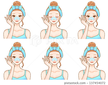 插圖素材集2：成年女性敷鼻膜的保養過程 137454072