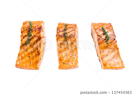 BBQ roast salmon fillet steak, roast fish isolated on white background. top view BBQ roast salmon fillet steak, roast fish isolated on white background. top view 137454363