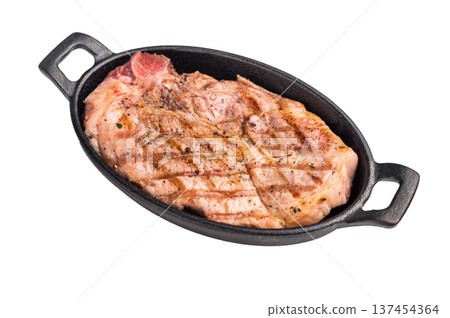 Roast pork tender loin steak, neck meat isolated on white background. top view 137454364