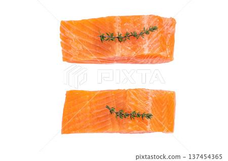 Uncooked Raw Salmon fillet steaks isolated on white background. top view Uncooked Raw Salmon fillet steaks isolated on white background. top view 137454365