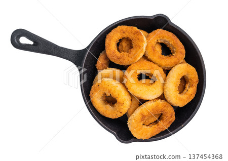 Crispy Fried onion rings, delicious snack in a pan isolated on white background. top view 137454368