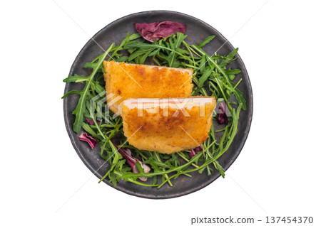 Fried Cordon bleu escalopes with salad on plate isolated on white background. top view Fried Cordon bleu escalopes with salad on plate isolated on white background. top view 137454370