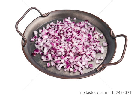 Chopped Red onion slices in steel tray isolated on a white background. top view Chopped Red onion slices in steel tray isolated on a white background. top view 137454371