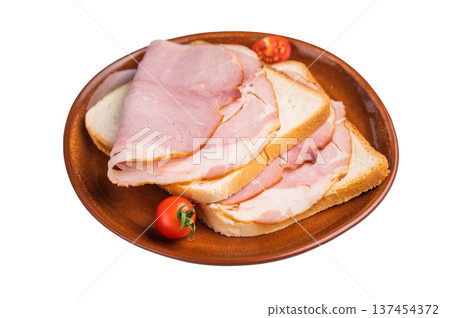 Ham sandwich, toast with sliced Prosciutto Cotto isolated on white background. top view Ham sandwich, toast with sliced Prosciutto Cotto isolated on white background. top view 137454372