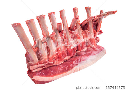 Raw rack of lamb, mutton cutlets isolated on white background. top view Raw rack of lamb, mutton cutlets isolated on white background. top view 137454375