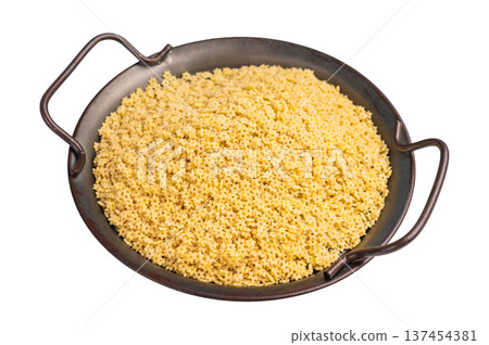 Raw stelline pasta, uncooked Italian soup Noodle in a bowl isolated on white background. top view 137454381