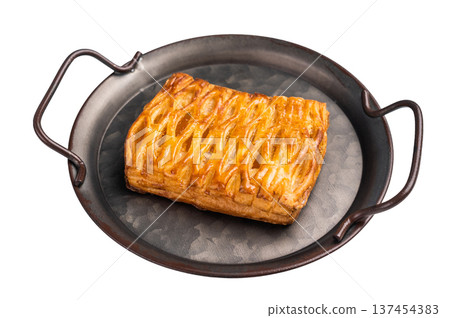Apple Danish Pastry With Sweet Icing, Puff pastry isolated on white background. top view Apple Danish Pastry With Sweet Icing, Puff pastry isolated on white background. top view 137454383