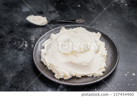 Creamy Homemade Mascarpone cheese, cream cheese. black background. top view 137454400