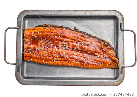 Unagi eel, grilled fish fillet with sauce isolated on white background. top view Unagi eel, grilled fish fillet with sauce isolated on white background. top view 137454458