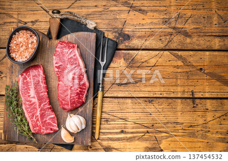 Raw Top blade steak, Fresh Beef shoulder Blade on wooden board. wooden background. top view Raw Top blade steak, Fresh Beef shoulder Blade on wooden board. wooden background. top view 137454532