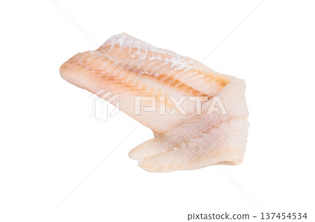 Uncooked Atlantic cod fillet, raw fish ready to be seasoned and transformed into a delicious meal. isolated on white background. top view Uncooked Atlantic cod fillet, raw fish ready to be seasoned and transformed into a delicious meal. isolated on white background. top view 137454534