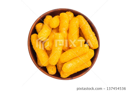 Irresistible Cheese puffs, cheese snacks bursting with bold flavors and a satisfying crunch. isolated on white background. top view Irresistible Cheese puffs, cheese snacks bursting with bold flavors and a satisfying crunch. isolated on white background. top view 137454536