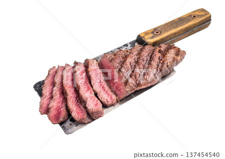 Savory shoulder steak Denver, beautifully cooked on the grill, highlighting its marbled texture and succulent taste. isolated on white background. top view Savory shoulder steak Denver, beautifully cooked on the grill, highlighting its marbled texture and succulent taste. isolated on white background. top view 137454540
