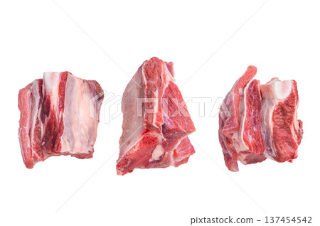 Thick Cut raw lamb Short Ribs, fresh mutton meat with bone isolated on white background. top view 137454542