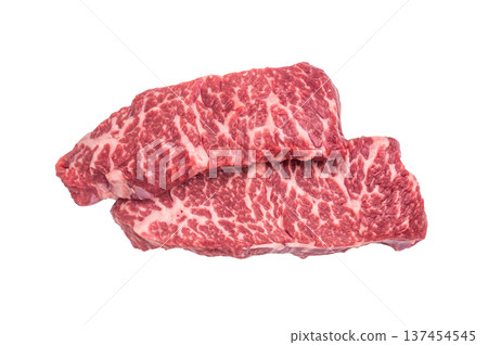 Premium denver, chuck eye steak, beautifully presented, ready for seasoning. A versatile cut ideal for barbecue enthusiasts and steak lovers alike. isolated on white background. top view Premium denver, chuck eye steak, beautifully presented, ready for seasoning. A versatile cut ideal for barbecue enthusiasts and steak lovers alike. isolated on white background. top view 137454545
