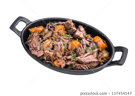 Skillet of beef bourguignon with tender beef, carrots, and mushrooms isolated on a white background. top view 137454547