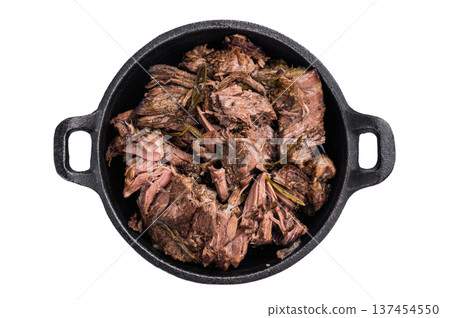 Slow cooked Shredded beef ragu in a skillet isolated on a white background. top view Slow cooked Shredded beef ragu in a skillet isolated on a white background. top view 137454550