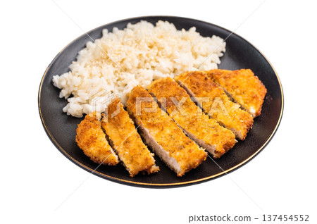 Delicious katsu style dish, featuring a perfectly cooked chicken meat cutlet served alongside steamed rice for a balanced meal. isolated on white background. top view Delicious katsu style dish, featuring a perfectly cooked chicken meat cutlet served alongside steamed rice for a balanced meal. isolated on white background. top view 137454552