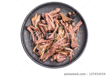 A tantalizing plate of pulled brisket, slow-cooked to perfection, drizzled with barbecue sauce for added flavor. isolated on white background. top view A tantalizing plate of pulled brisket, slow-cooked to perfection, drizzled with barbecue sauce for added flavor. isolated on white background. top view 137454554
