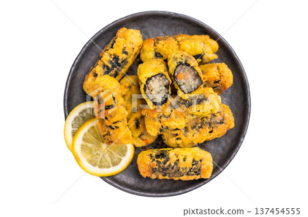 Gimmari or Kimmari, Korean seaweed rolls filled with vermicelli. isolated on white background. top view 137454555