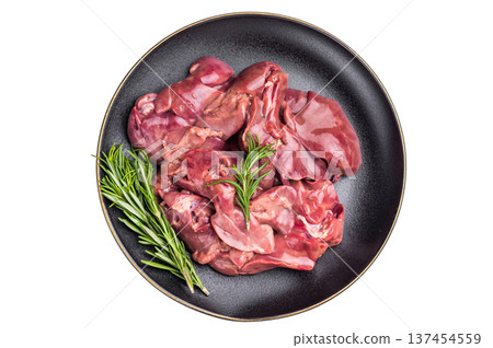 Raw chicken liver, featuring a glossy sheen and rich hue. A versatile ingredient that brings bold flavors to any culinary creation. isolated on white background. top view Raw chicken liver, featuring a glossy sheen and rich hue. A versatile ingredient that brings bold flavors to any culinary creation. isolated on white background. top view 137454559