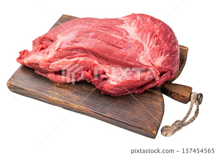 Fresh Raw Round Silverside beef meat cut, inside round with hrebs for roasting. isolated on white background. Top view Fresh Raw Round Silverside beef meat cut, inside round with hrebs for roasting. isolated on white background. Top view 137454565