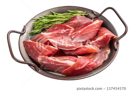 Thin slices of Speck, Jambon Italian cured meat isolated on white background. top view 137454570
