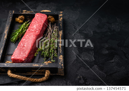Fresh wagyu brisket cut, beautifully presented with intricate marbling. A must-have for steak enthusiasts looking to elevate their dining options. black background. top view 137454571