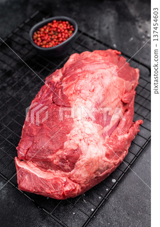 Close-up of raw boneless beef shank cuts, highlighting their tender texture and vibrant hue, ideal for culinary enthusiasts seeking quality ingredients. black background. top view Close-up of raw boneless beef shank cuts, highlighting their tender texture and vibrant hue, ideal for culinary enthusiasts seeking quality ingredients. black background. top view 137454603