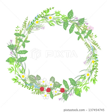 Colorful wreath of herbs and small flowers from a spring garden Colorful wreath of herbs and small flowers from a spring garden 137454745