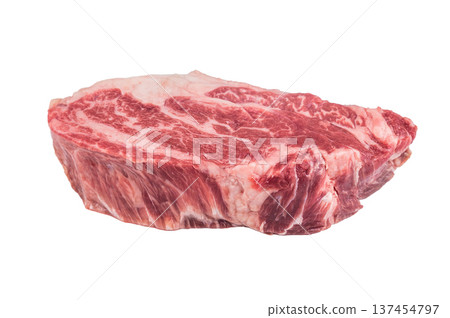 Uncooked beef chuck roll steak cut with visible fat and muscle texture on white background. Fresh raw beef for cuisine. Uncooked beef chuck roll steak cut with visible fat and muscle texture on white background. Fresh raw beef for cuisine. 137454797