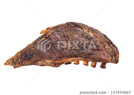 Grilled lamb breast ribs slab with roasted surface isolated on isolated background juicy meat portion Grilled lamb breast ribs slab with roasted surface isolated on isolated background juicy meat portion 137454807