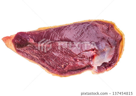 Raw duck breast gamebird with skin isolated on white background top view. Poultry game meat ingredient for cooking and searing. 137454815