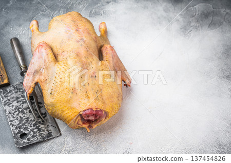 Raw goose carcass gamebird with skin beside kitchen knife. Poultry game meat concept overhead on gray background with copy space.. Raw goose carcass gamebird with skin beside kitchen knife. Poultry game meat concept overhead on gray background with copy space.. 137454826