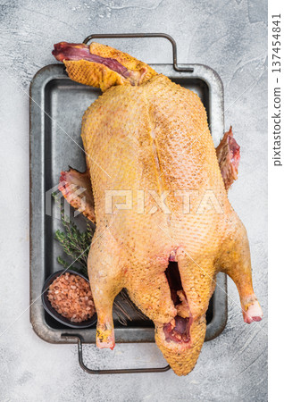 Raw Muscovy duck carcass, game poultry meat prepared for cooking on tray with salt and herbs light background overhead food ingredient concept. 137454841