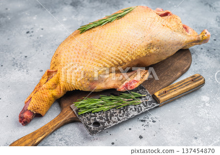 Uncooked whole duck poultry with seasoning and thyme ready for roasting, Gamebird shown on bright stone surface top view with copy space. 137454870