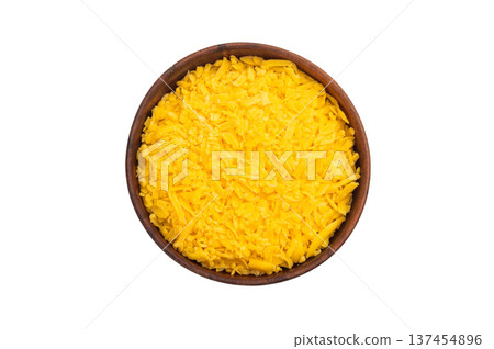 Shredded cheese closeup in bowl isolated on white background cooking ingredient texture for meals snacks and homemade dishes. 137454896