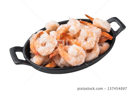 Boiled prawns frozen for storage, peeled and deveined. Chilled seafood product isolated on white for retail and food industry. Boiled prawns frozen for storage, peeled and deveined. Chilled seafood product isolated on white for retail and food industry. 137454897
