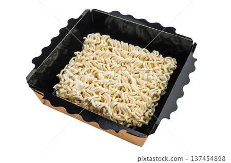 Uncooked instant noodle brick made from wheat isolated on white backdrop pantry staple fast budget meal concept 137454898