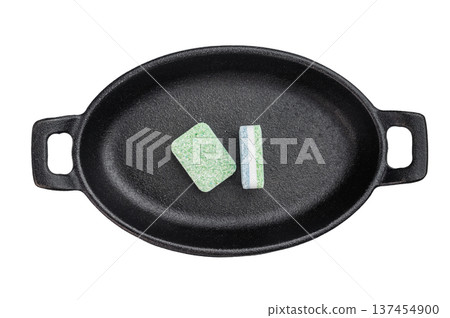 Compressed detergent blocks for dishwasher use isolated on white surface representing domestic cleaning and grease removal Compressed detergent blocks for dishwasher use isolated on white surface representing domestic cleaning and grease removal 137454900