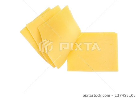 Stack of semi hard yellow cheese slices on clean white background, Gouda Edam type dairy for melting sandwiches and snacks 137455103