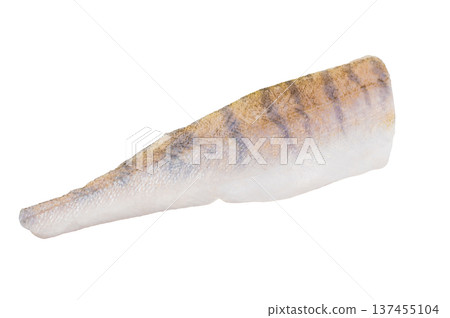 Raw pike perch fillets isolated on white background, one skin on and one skinless, fresh zander seafood ready for cooking. 137455104