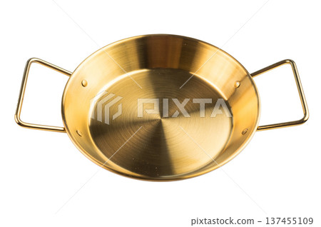 Golden metal frying pan with two handles isolated on white background, clean empty cookware for kitchen and culinary use 137455109