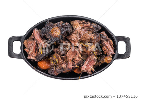 Tender braised oxtail pieces in savory gravy with herbs and vegetables, gourmet beef stew on isolated background Tender braised oxtail pieces in savory gravy with herbs and vegetables, gourmet beef stew on isolated background 137455116