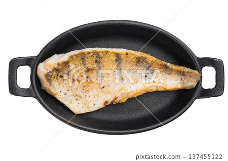 Pan fried pike perch fillet with crispy skin served in skillet, healthy freshwater white fish ready to eat. 137455122